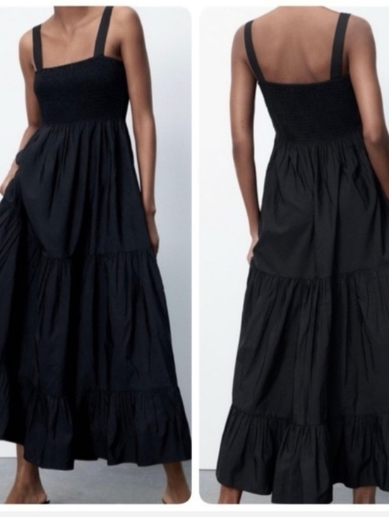 Zara Dresses & Skirts - Zara Women's Black Smocked Bodice Sleeveless Tiered Maxi Dress Med Summer Casual